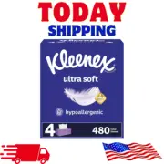 Kleenex Ultra Soft Facial Tissues, 4 Flat Boxes, 120 Tissues per Box, 3-Ply 480