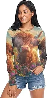 [RPLIFE] Cute Highland Cow Flowers Field Mesh Top, Mesh Tops for Women Sexy S-XXL