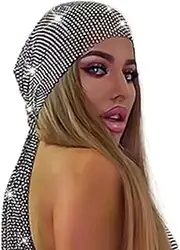 Woeoe Wide Mesh Headbands Black Glitter Rhinestone Hairbands Elastic Crystals Turban Head Wraps Nightclub Rave Party Head Scarf Sparkle Body Jewelry for Women