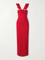 [Maygel Coronel] Maygel Coronel - Sortilegio Appliquéd Ruffled Stretch-jersey Maxi Dress - Red - Extended Extended Red