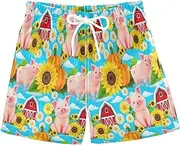 [RPLIFE] Swimming Shorts for Boys, Anti Chafe Swim Trunks for Boys 2 T, Cute Pigs Sunflowers Blue