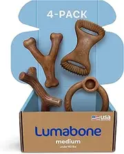 Lumabone Real Bacon Medium 4-Pack Durable Dog Chew Toys for Aggressive Chewers, Made in USA – Wishbone, Ring Stuffer, Dental Chew, Stick