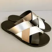 Women's Designer Wide Criss Cross 100% Top Grain Leather Slip On Sandals Slides