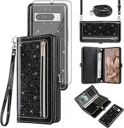 [Asuwish] Phone Case for Google Pixel 8 Pro 5G Zipper Wallet Detachable Cell Cover with Tempered Glass Screen Protector Strap Bling Glitter Flip Card Holder Pixel8Pro Pixel8 XL Eight 8Pro Women Black