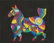 Aceo Print OF PAINTING RYTA HORSE TUXEDO CAT FOLK ART ABSTRACT HOUSE Spring Farm
