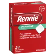 Rennie 24 Chewable Tablets - Spearmint Symptomatic Relief Indigestion Heartburn