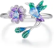 [Dtja] Delicate CZ Bird Flower 925 Sterling Silver Ring for Women Girls Birthday Wedding Spring Statement Hummingbird Daisy Open Wrap Finger Rings Comfort Fit Adjustable Cute Jewelry Gift, Non-Precious
