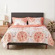 Amazon Basics 7-Piece Lightweight Microfiber Bed-In-A-Bag Comforter Bedding Set - Full/Queen, Coral Medallion