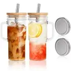 Glass Cups with Bamboo Lids and Straws,24oz Glass Tumbler with Handles,2Pack ...