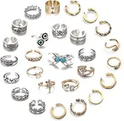 [Acruccen] 27 Pcs Open Toe Rings Set for Women Adjustable Vintage Retro Toe Ring Summer Beach Foot Jewelry Boho Knuckle Finger Tail Rings, Alloy,Gold Plated,Silver, Rhinestone