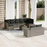 Garden Patio Furniture Set: Grey Rattan Conversation Set with Cushions, Outdoor Table, Chairs, Small, Wicker, Balcony - 10 Piece