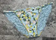 NWT VICTORIA'S SECRET BLUE FLORAL YELLOW LEMON LACE BACK STRING BIKINI PANTIES