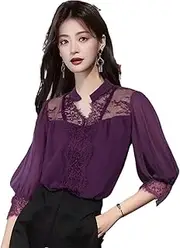 [Generic] Women Spring Summer Chiffon Short Sleeve V-Neck Lace Shirt Loose Fitting Casual Office Ladies Top