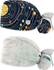 [YTYVAGT] 2-Pc,Nurse Scrub Caps,Scrub Hats with Buttons and Cotton Sweatband,Cartoon Solar System Planets