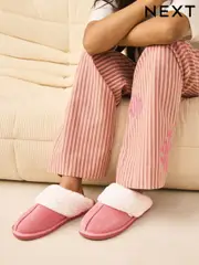 Coral Pink Suede Faux Fur Lined Mule Slippers (AF7075) | $15