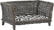Grey Dog Basket with Removable Cushion, Natural Willow Construction, Size 50x33x30 cm, Ideal for Small Breeds and Cats, Rustic Design, Includes Black and White Cushion