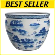 Vintage-Inspired 16" Handmade Porcelain Fishbowl Cachepot with Oriental Design