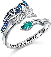[Ladytree] S925 Sterling Silver Blue Jay Animal Open Ring Blue Bird Flower Leaf Adjustable Bypass Nature Stackable Ring,Size 7, Stone, Cubic Zirconia