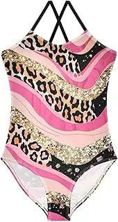 [RPLIFE] Leopard Print Strips Pink Stripes Girl Bathing Suits One Piece, 3-10T Girls Athletic Swimsuit Beach Swimwear, Leopard Print Strips Pink Stripes, 7-8 Years