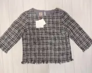 Anne Klein Womens Fringe Tweed Top Boatneck Blue White 3/4 Sleeve Pullover Med