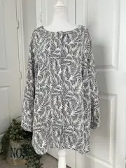 Tahari Black White Leaf Print Linen Tunic Top Button Up Roll Tab Sleeves Size 2X