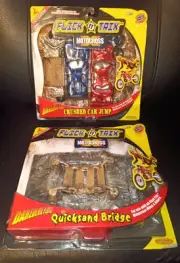 2 Flick Trix Motocross Daredevil Playsets Crushed Car Jump & Quicksand Bridge