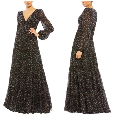 Mac Duggal NWT Black Floral Tiered Long Sleeve Maxi Dress Peasant Skirt Size 0