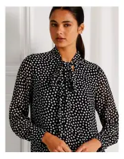 [Tokito] Neck Tie Long Sleeve Blouse in Black/White