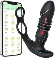 Thrusting Anal Vibrator Prostate Massager – Dual Cock & Scrotum Ring Anal Toy Butt Plug with Thrust & Vibration Modes, App Control Anal Male P Spot Telescopic Prostate Massager Dildo for G-spot Men Couples Waterproof Adult Sex Toy