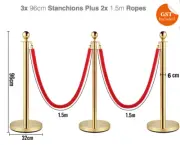3x Gold Queue Barriers Stand Post 2VELVET Rope Crowd Control Bollards Stanchion