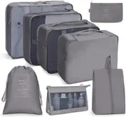 8 Set Packing Cubes with Shoe Bag Travel Luggage Organizer for Suitcase Clothes Storage Bag,Grey