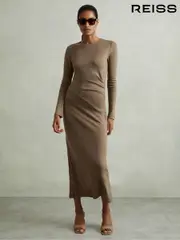 Reiss Camel Sloane Petite Wool Ruche Detail Midi Dress (E57248) | $380