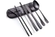 BOOC FLATWARE Travel Utensils Reusable Silverware Portable Cutlery Set with a Waterproof Carrying Case for Lunch Boxes Workplace Camping Picnic Black