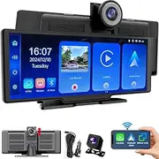 10.26 Inch 1280 * 720 IPS Touchscreen Portable Car Stereo with Wireless Carplay & Android Auto, 4K DVR Dash Cam and 1080P AHD Backup Camera AUX/FM/Bluetooth/Mirror Link/Airplay/Split-Screen