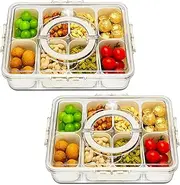 2 Pack Snack Box 8 Compartment with Airtight Lid & Handle， Divided Serving Tray with Lid -Snack Container for Portable Platters-Clear Organizer for Candy, Fruits, Nuts, Ideal for Party, Travel、Picnics