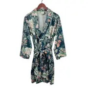 NWT World Market Jacobean Floral Fleece Robe OS Green Cozy