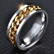 PANASH Men’s 8MM Titanium Steel Band Ring With Spinner Chain Quality Size 12