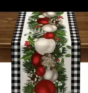 Red Black Buffalo Plaid Holly Pine Cones Christmas Balls Table runner 13x72