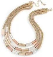 [Avalaya] Stylish 3 Strand Layered Mesh with Metal Tunnel Beads Necklace In Gold Tone - 44cm L/ 7cm Ext