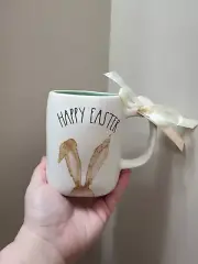 Rae Dunn Off White Ceramic “Happy Easter” Mug, Green Inside, Grey Bunny Ears
