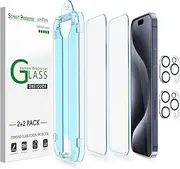 [2+2 Pack] amFilm OneTouch for iPhone 15 Pro Max 6.7 inch Glass Screen Protector Guard with Camera Lens Protector. Easiest to Installation, Bubble Free, Case Friendly