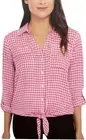 ones New York Women's Front Tie Button Down Blouse Top (Baby Gingham Pink, XXL)