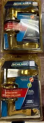 Schlage Keyed Entry Locking Door Knob Lever Bright Brass NEW in Box (2)