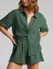 Womens Casual 2 Piece Outfit Cotton Button Down Shirt Shorts Set army green S