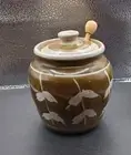 Signed Dukeman Pottery Brown White Design Honey Lidded Pot Jar Crock