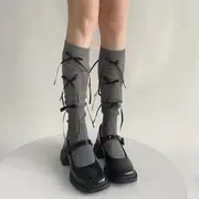 Ribbon Ribbed Socks Black Bow - Dark Gray - One Size