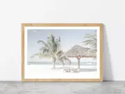Palm Trees & Hut With Chairs Near Beach Glass Framed Wall Art, Ready to Hang