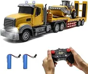fisca RC Semi-Trailer with Trailer, 1:24 RC Tractor Unit with Sound and Lights, 2.4 GHz Remote Controlled Flatbed Truck with Road Roller Toy, Construction Vehicles Toy for Boys