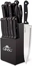 GINSU Kiso 14-Piece Black Knife Set - Stainless Steel Blades, Dishwasher Safe, Always Sharp, Complete Kitchen Knife Set with Black Block & Sharpener - Perfect for Any Home Chef