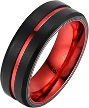 [King's Cross] Gorgeous 6mm/8mm Black Tungsten Wedding Band w/Fire Engine Red Stripe & Beveled Edges.